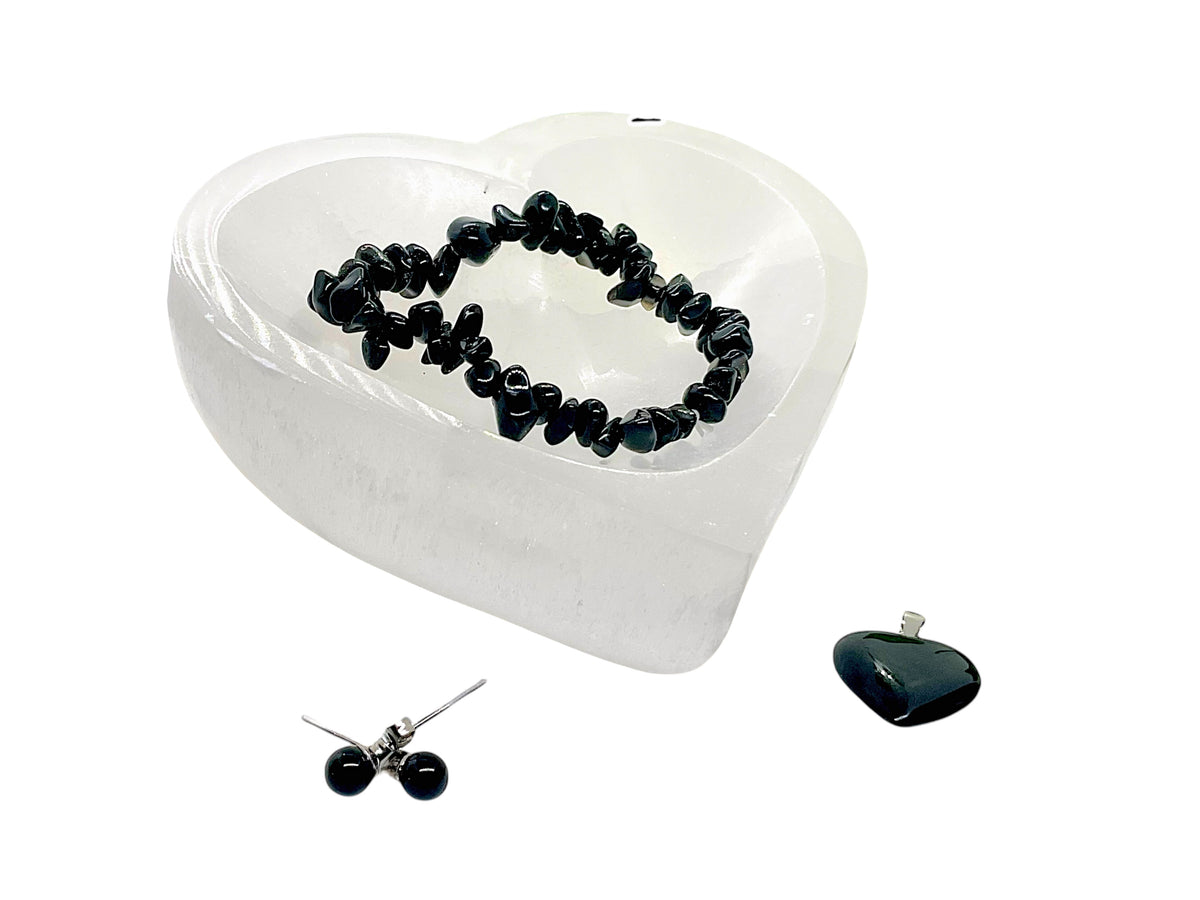 Obsidian Edelstein Schmuckset mit hochwertiger Selenit Herzschale 10cm I 4-teilig - Entwässerung und Entgiftung