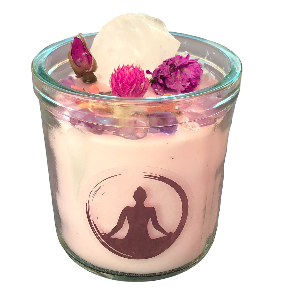 Große Edelsteinkerze "Meditation" im Glas mit Anleitung | Duftkerze | Ritualkerze | Kristallkerze mit Blüten | Amethyst, Rosenquarz, Bergkristall | Jasmin