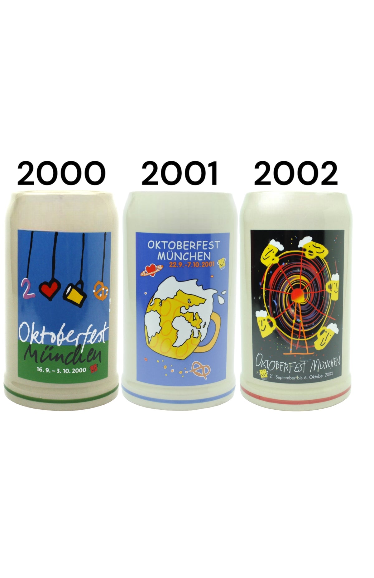 Steinfixx® - SALE - Set 3 Stück original Oktoberfestkrüge der Jahre 2000, 2001 und 2002 I Jahrgangskrug I Jahreskrug I Wiesnkrug I Konvolut