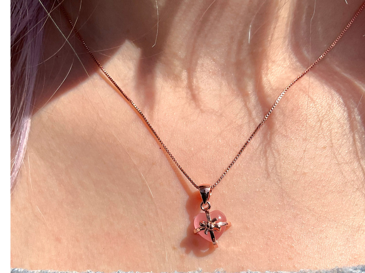 Herz Halskette rosa Katzenauge - echtes 925 Silber rosegold plattiert - Ich passe auf Dich auf oder Du bist mein Geschenk- inclusive Geschenkbox