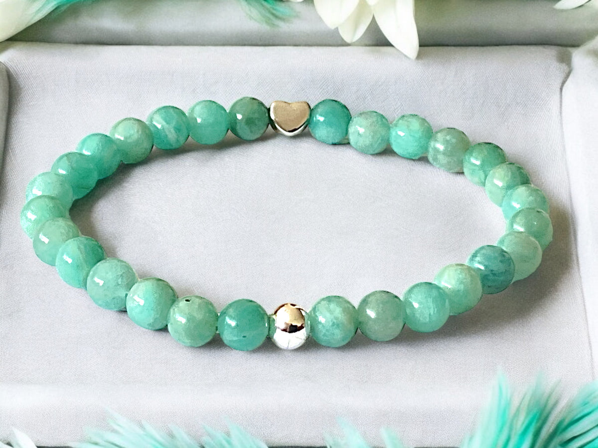 Steinfixx® Edelstein Perlenarmband Amazonit Ice mit 925 Silberperle und Herz oder Stern| Energieschmuck | in edler Geschenkbox | Handmade