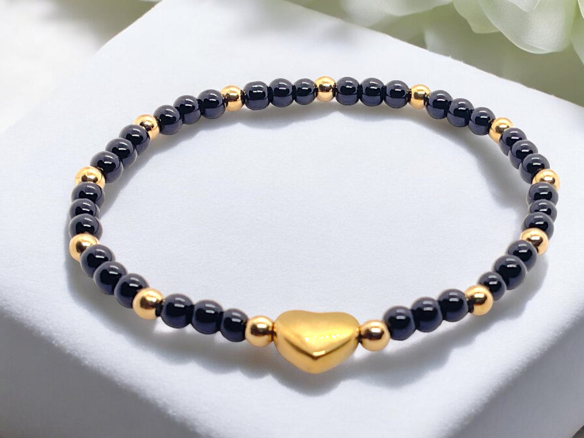 Obsidian Perlenarmband mit Messingherz und Messingperlen - Hochwertiges Edelsteinarmband handgefertigt inclusive edler Geschenkbox und Edelsteinkarte