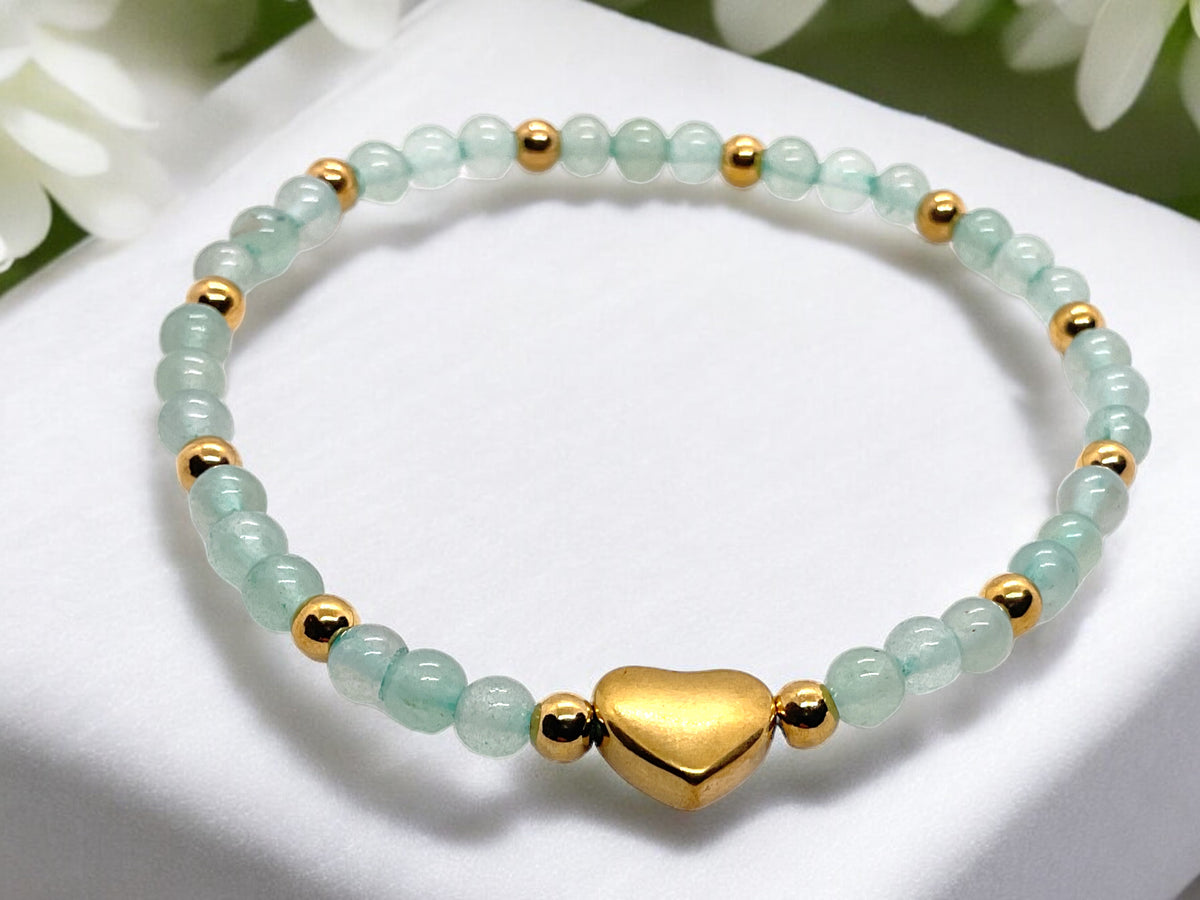 Steinfixx® - Grüner Aventurin Perlenarmband mit Messingherz und Messingperlen - Hochwertiges Edelsteinarmband handgefertigt inclusive edler Geschenkbox und Edelsteinkarte