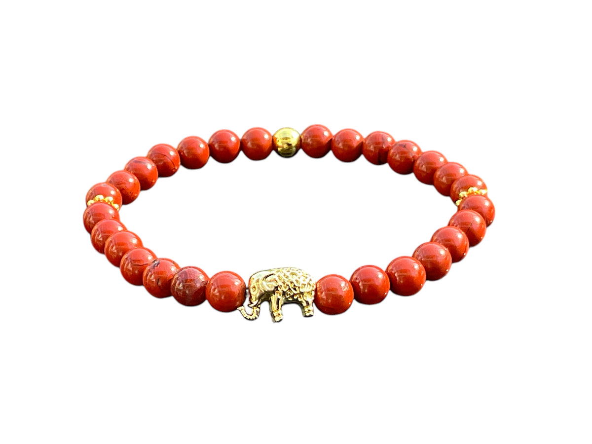 Jaspis Edelstein Perlenarmband "Elefant" 6 mm mit 14k vergoldeter Edelstahlperle - Reichtum Erfolg und Glück - Handmade - inclusive edler Geschenkbox