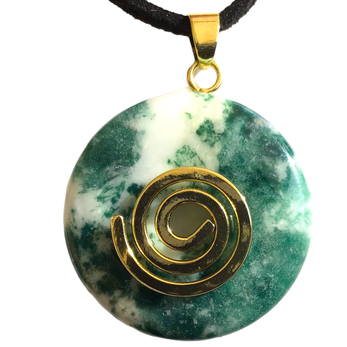 Premium Baumachat Edelstein-Donut optional als Kette mit versilberter oder vergoldeter Spirale und Wildlederband