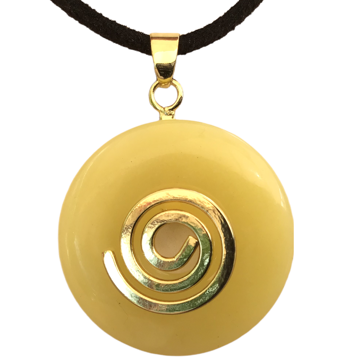 Gelbe Jade Donut -Edelstein - 30mm - optional als Kette mit versilberter oder vergoldeter Spirale und Wildlederband - AAA-Qualität - Brasilien