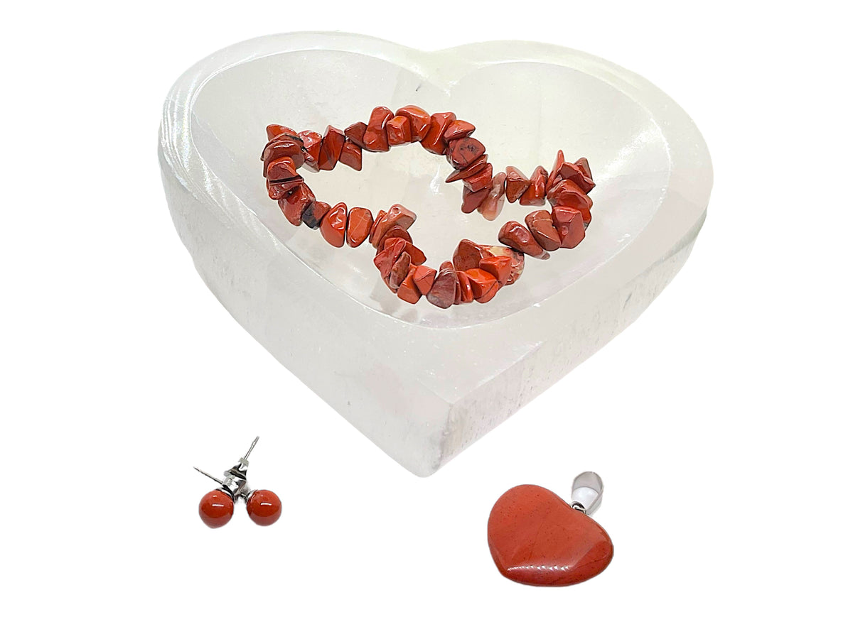 Jaspis Edelstein Schmuckset mit hochwertiger Selenit Herzschale 10cm I 4-teilig - Frau und Mutter