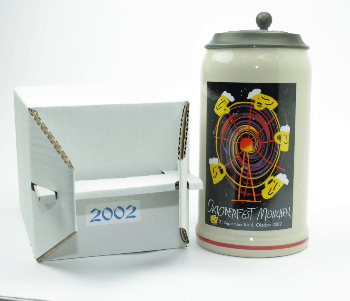 Original Oktoberfestkrug 2002 mit Zinndeckel I Jahreskrug I Zertifikat