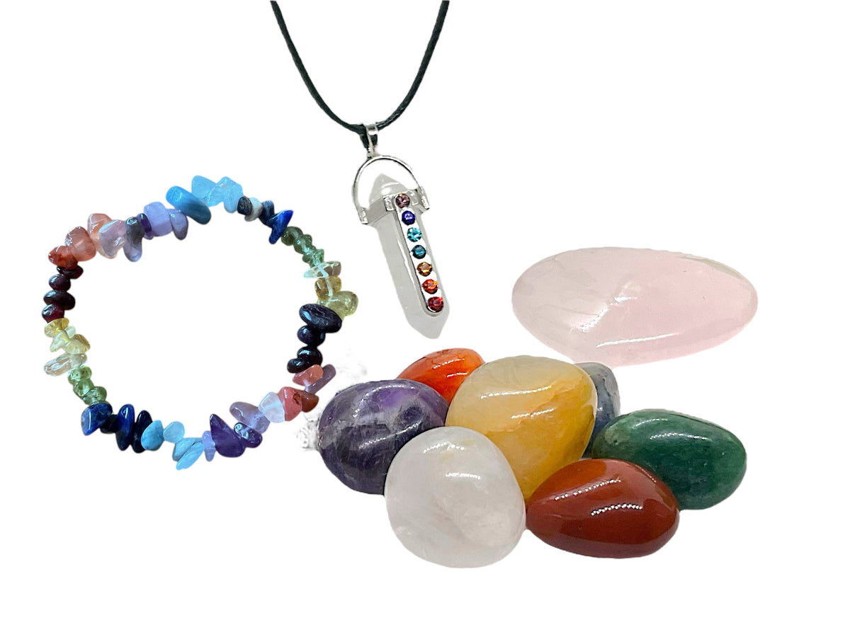 Chakra Edelstein Set Selbstheilung - 11 teilig mit Halskette, Splitterarmband und Herz in Geschenkbox - mit 14 seitigem liebevoll gestaltetem Ebook als Anleitung