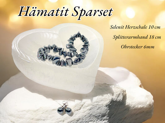 Hämatit Edelstein Schmuckset mit hochwertiger Selenit Herzschale 10cm I 3-teilig - Blut- und Flugstein