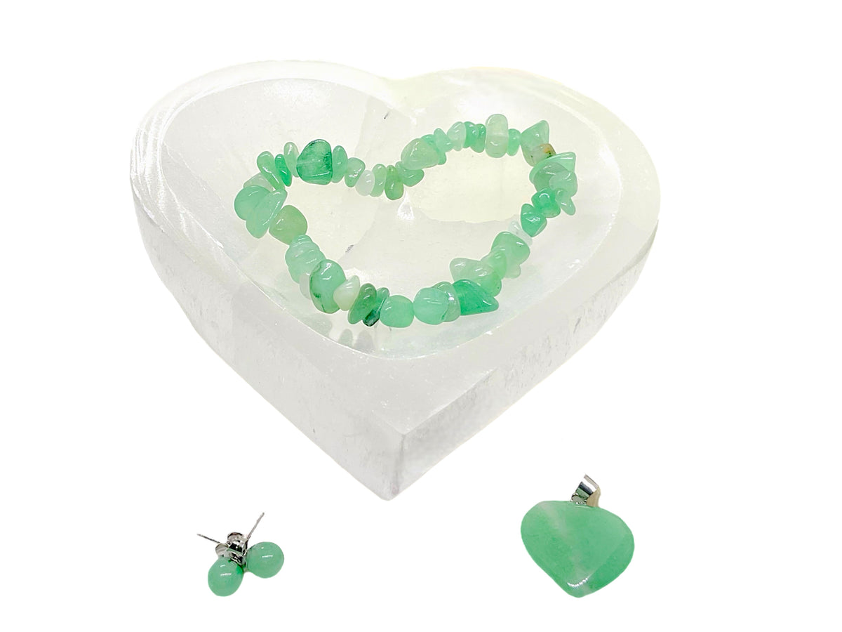 Aventurin grün Edelstein Schmuckset mit hochwertiger Selenit Herzschale 10cm I 4-teilig I - Angst und Allergie