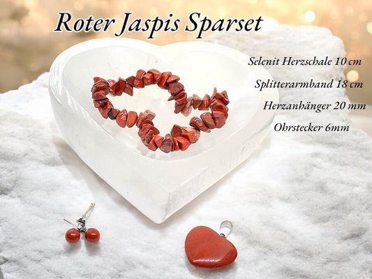Jaspis Edelstein Schmuckset mit hochwertiger Selenit Herzschale 10cm I 4-teilig - Frau und Mutter