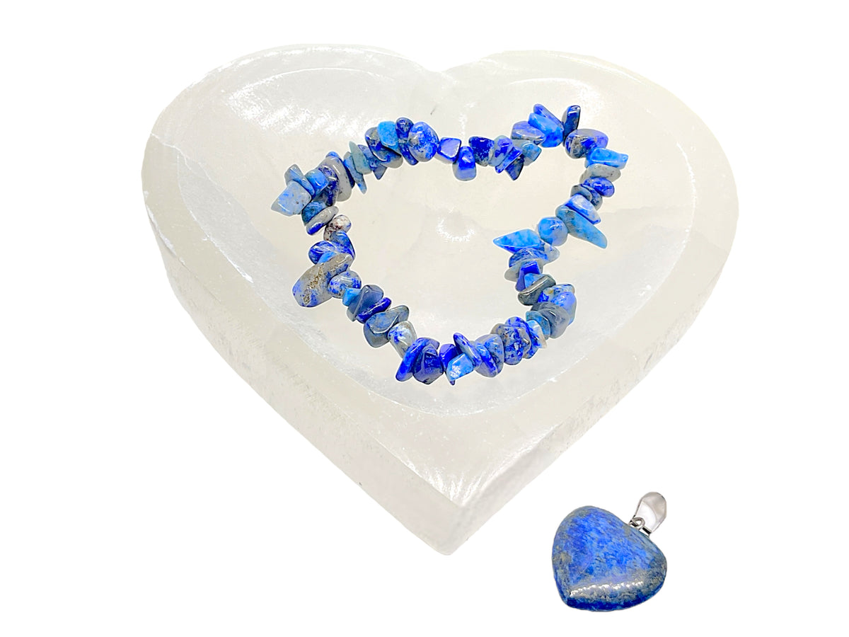 Lapislazuli Edelstein Schmuckset mit hochwertiger Selenit Herzschale 10cm I 3-teilig- Ruhe und Licht