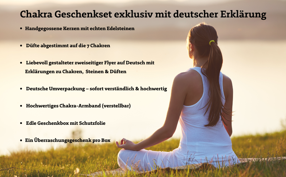 7 Chakra Duftkerzen Geschenkset – handgegossene Kerzen mit Edelsteinen – Chakra-Armband & Karten – hochwertige Geschenkbox