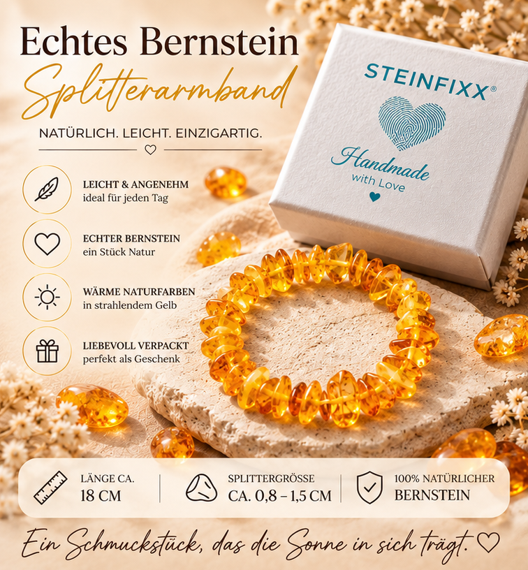 Bernstein Splitterarmband Gelb AAA aus Litauen – echter Naturbernstein – 18 cm – ca. 7 g – handgefertigt & elastisch – Geschenkverpackung und Edelsteinkarte