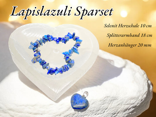 Lapislazuli Edelstein Schmuckset mit hochwertiger Selenit Herzschale 10cm I 3-teilig- Ruhe und Licht