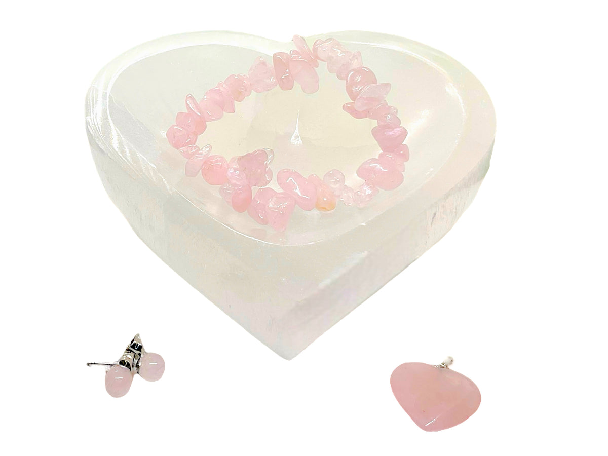 Rosenquarz Edelstein Schmuckset mit hochwertiger Selenit Herzschale 10cm I 4-teilig - Liebe und Vertrauen