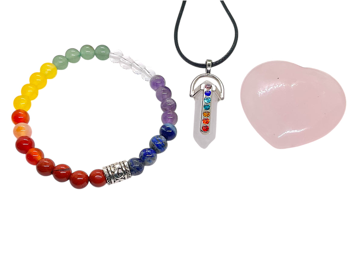 Chakra Edelstein Set Selbstheilung - 11 teilig mit Halskette, Handmade Perlen Armband und Herz in Geschenkbox - mit 14 seitigem liebevoll gestaltetem Ebook als Anleitung
