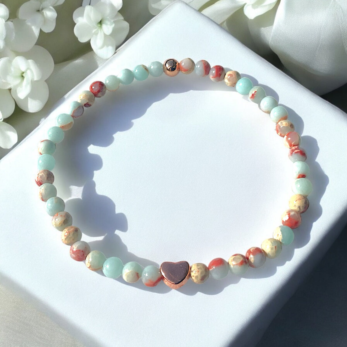 Perlenarmband Shoushan Stone mit  14 k rosèvergoldeten Elementen - Edelsteinarmband - Handmade - inclusive edler Geschenkbox
