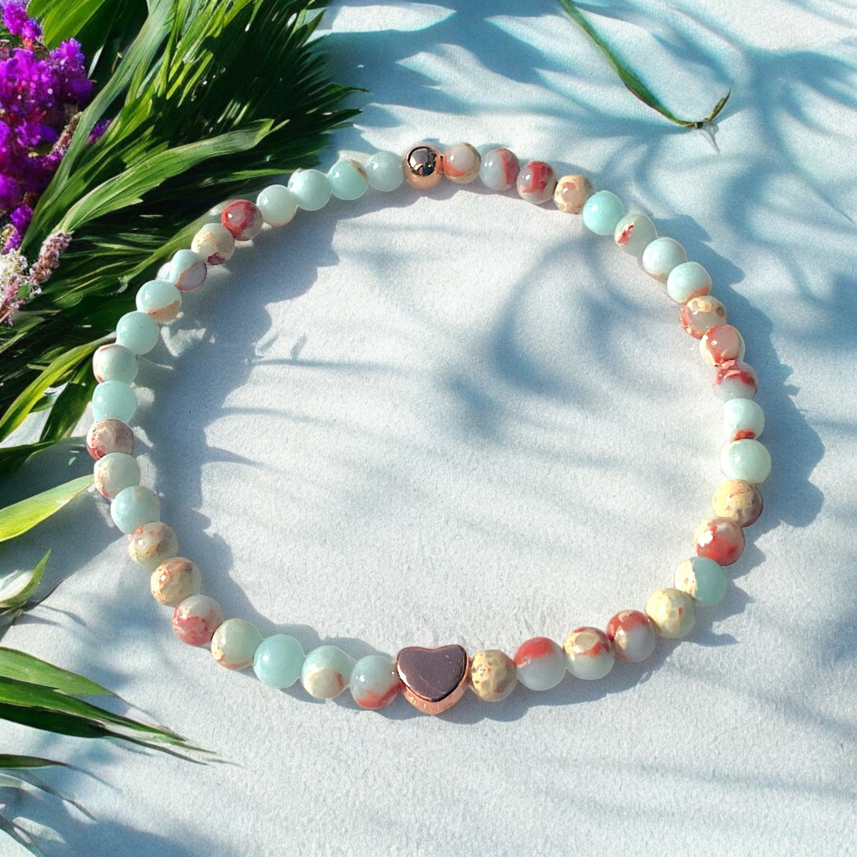 Perlenarmband Shoushan Stone mit  14 k rosèvergoldeten Elementen - Edelsteinarmband - Handmade - inclusive edler Geschenkbox