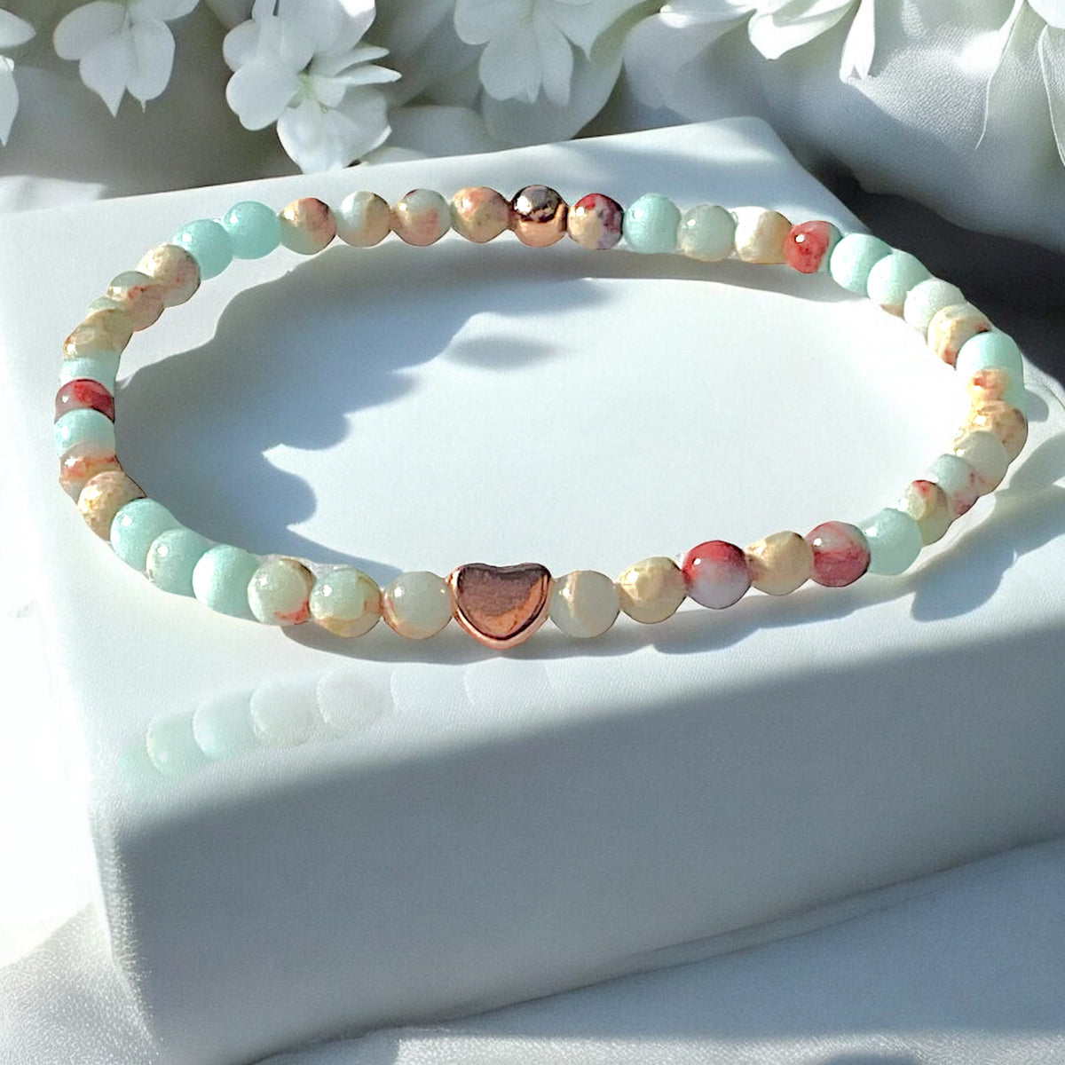 Perlenarmband Shoushan Stone mit  14 k rosèvergoldeten Elementen - Edelsteinarmband - Handmade - inclusive edler Geschenkbox
