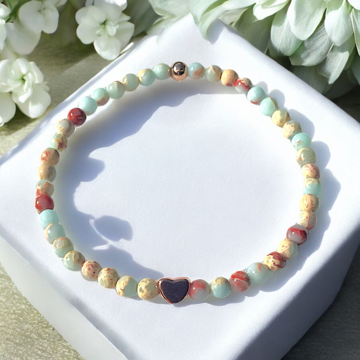 Perlenarmband Shoushan Stone mit  14 k rosèvergoldeten Elementen - Edelsteinarmband - Handmade - inclusive edler Geschenkbox