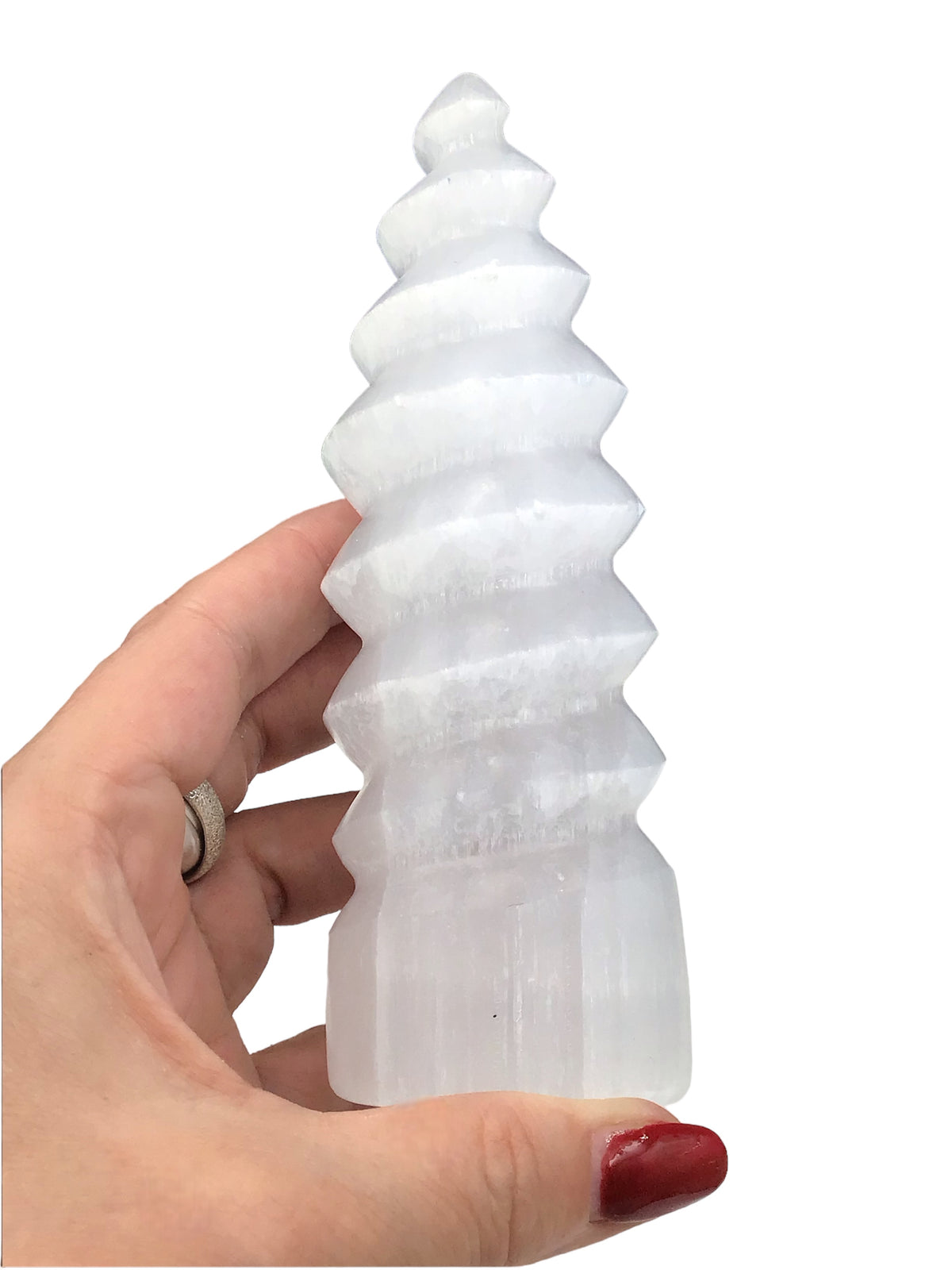 Selenit Kristallflamme in Spiralform 14 cm hoch, ca. 350gr. I Handarbeit I geschnitzt und poliert I Marokko