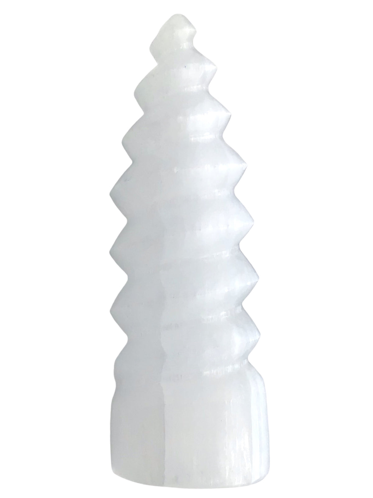Selenit Kristallflamme in Spiralform 14 cm hoch, ca. 350gr. I Handarbeit I geschnitzt und poliert I Marokko