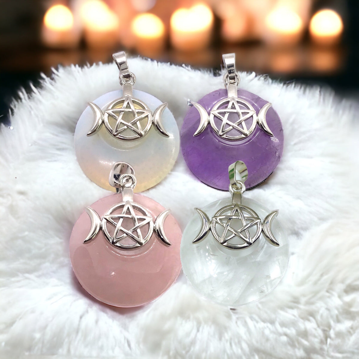 Steinfixx® -  Bergkristall Donut mit machtvoller Verzierung - dreifacher Mond und Pentagramm | Wicca | Urkraft | Licht | starkes Schutzsymbol