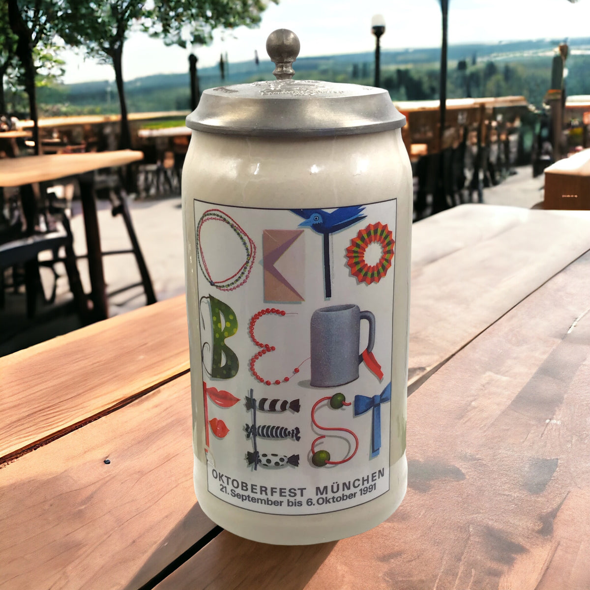 Original Oktoberfestkrug 1991 mit Zinndeckel I Jahreskrug I Zertifikat