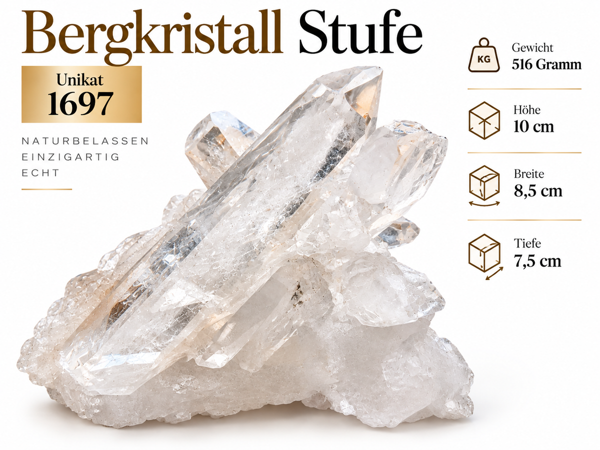 Bergkristall Kristallstufe aus Brasilien – 516 g – 10 × 8,5 × 7,5 cm – AAA-Qualität – Sammlerstück – Unikat Masterpiece 1697 – inkl. Edelsteinkarte