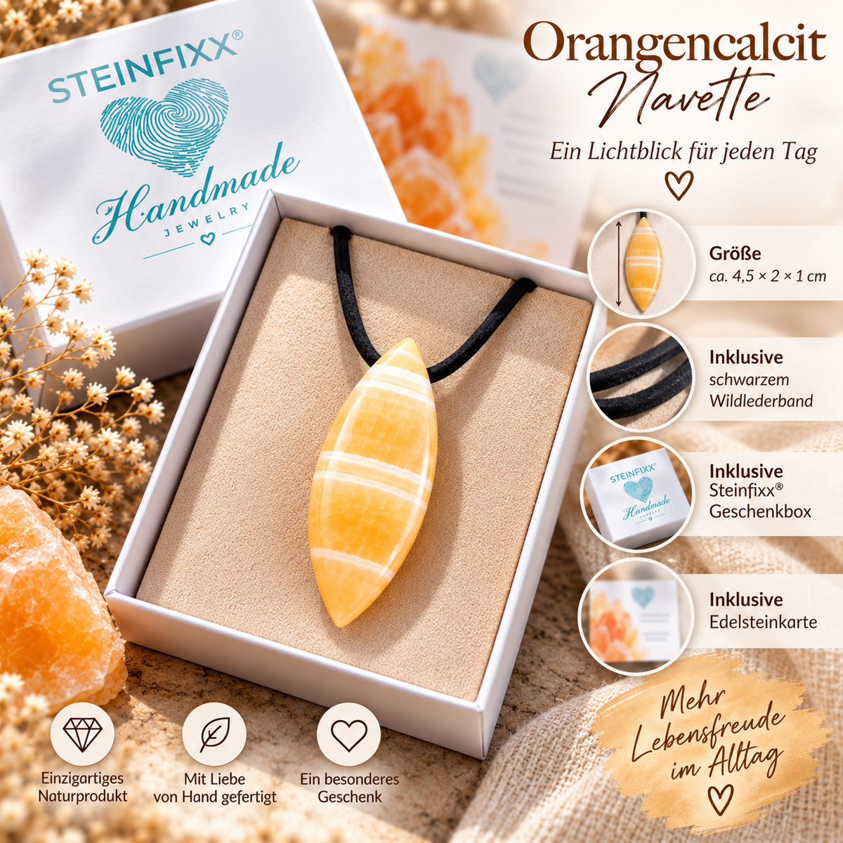 Orangencalcit Tropfenanhänger – Navette-Schiffchenform – AAA-Qualität aus Mexiko – 80 cm Wildlederband, Geschenkbox & Edelsteinkarte
