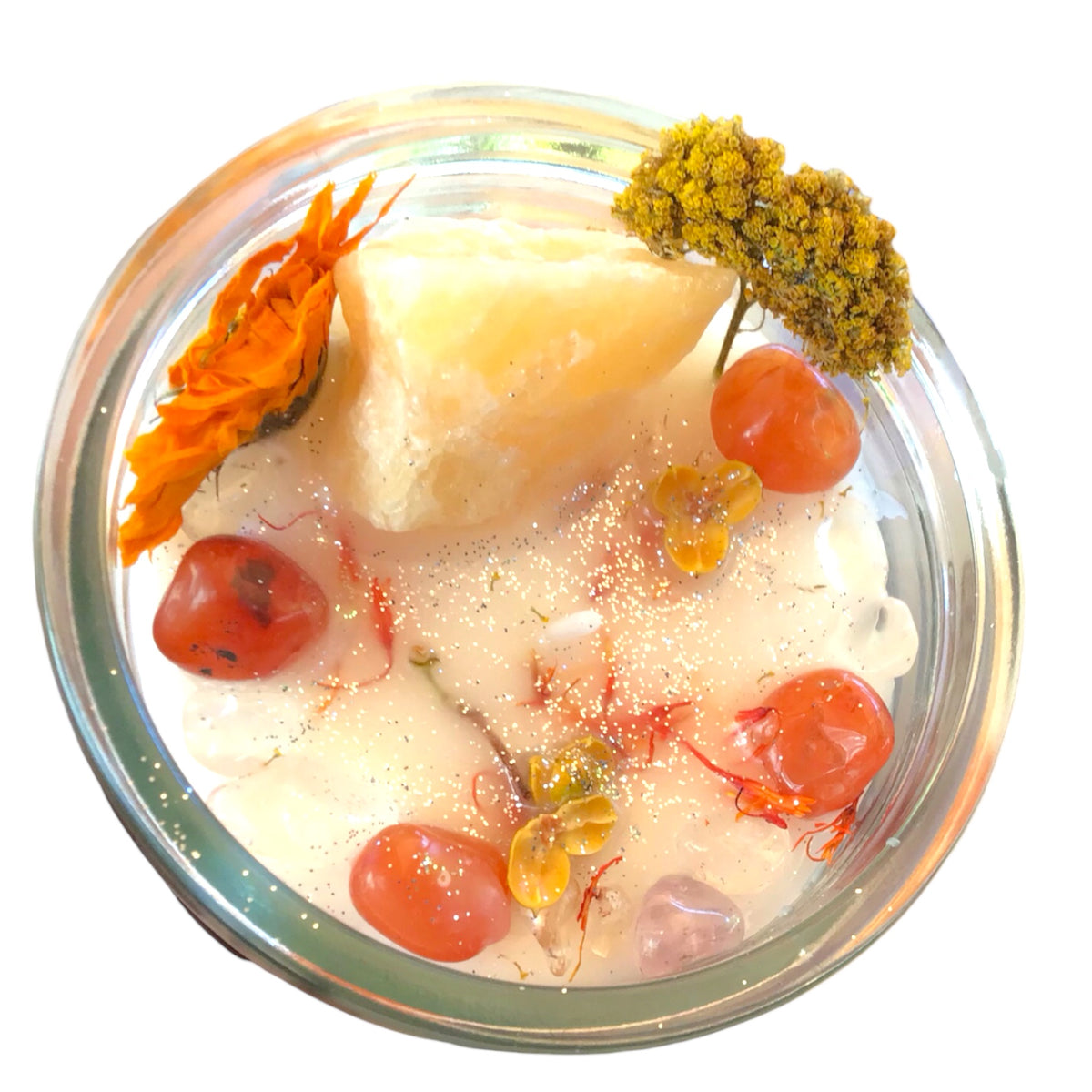 Große Edelsteinkerze "Energie" im Glas mit Anleitung | Duftkerze | Ritualkerze | Kristallkerze mit Blüten | Orangencalcit, Carneol, Bergkristall | Vanille