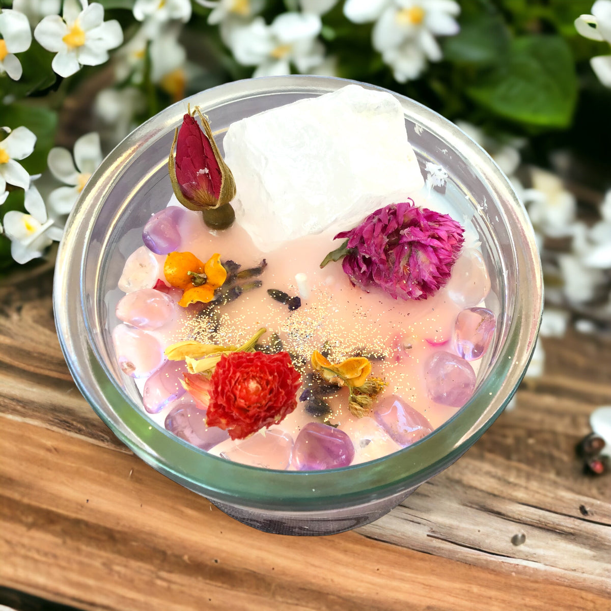Große Edelsteinkerze "Meditation" im Glas mit Anleitung | Duftkerze | Ritualkerze | Kristallkerze mit Blüten | Amethyst, Rosenquarz, Bergkristall | Jasmin