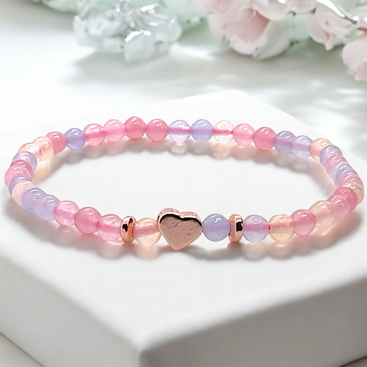 Perlenarmband Morganit mit 14 k rosèvergoldeten Elementen - Edelsteinarmband - Handmade - inclusive edler Geschenkbox - Engelsstein