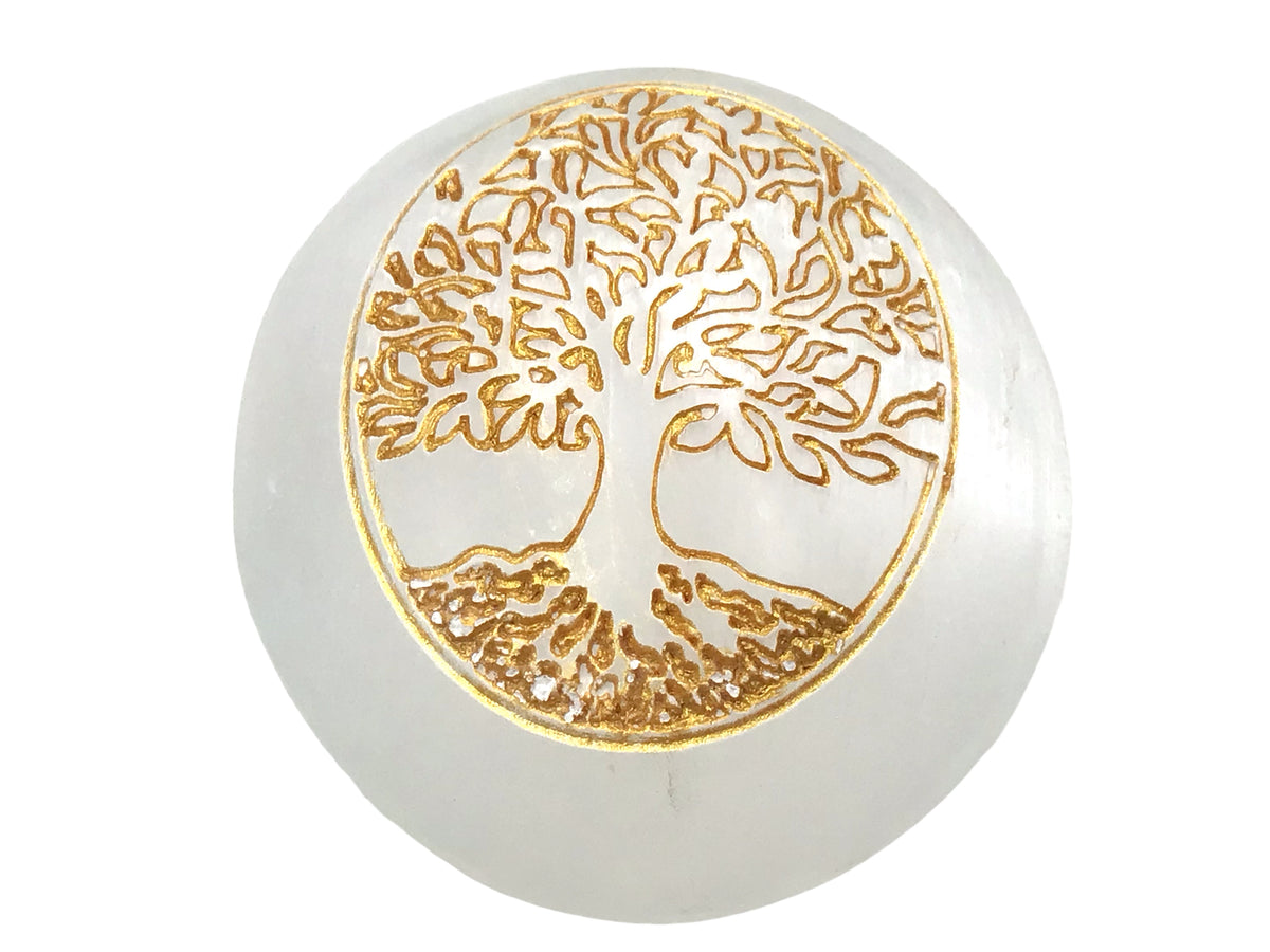 Steinfixx® Großer bauchiger Selenit Palmstein mit goldener Gravur Lebensbaum | 7x6x3 cm | 110 Gramm | Top Qualität | Ihren Lichtbringer immer dabei