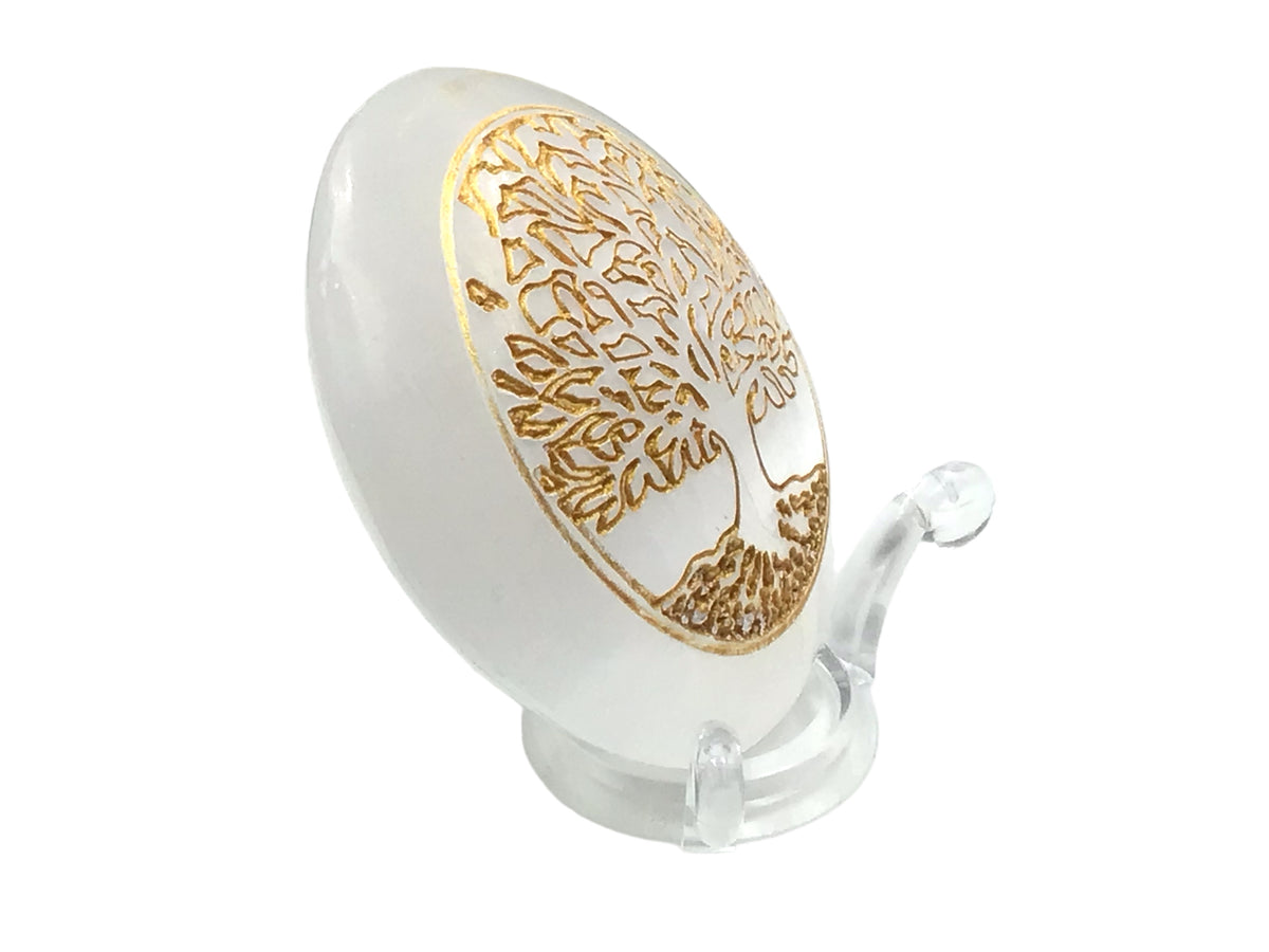 Steinfixx® Großer bauchiger Selenit Palmstein mit goldener Gravur Lebensbaum | 7x6x3 cm | 110 Gramm | Top Qualität | Ihren Lichtbringer immer dabei