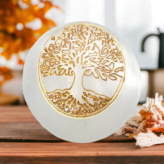 Steinfixx® Großer bauchiger Selenit Palmstein mit goldener Gravur Lebensbaum | 7x6x3 cm | 110 Gramm | Top Qualität | Ihren Lichtbringer immer dabei