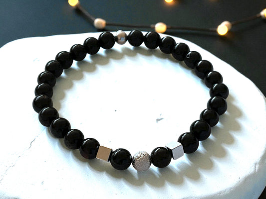 Edelstein Perlenarmband aus schwarzem Turmalin 925 Silberperlen - Hochwertige Heilsteine in 4 oder 6 mm  - handgefertigt - in Geschenkbox - Schutz gegen negative Energien I Brasilien