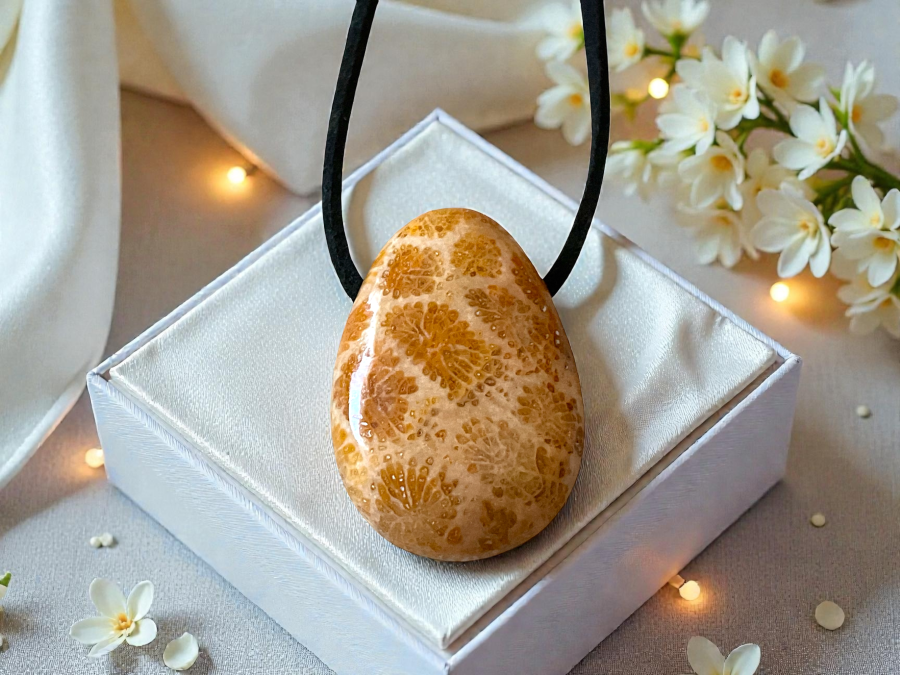 Fossile Koralle Anhänger Tropfen (Petoskey Stone) – Naturstein Kette mit 80 cm Band & Geschenkbox – Echter Fossilien Schmuck in AAA-Qualität aus USA – ca. 30x20 mm