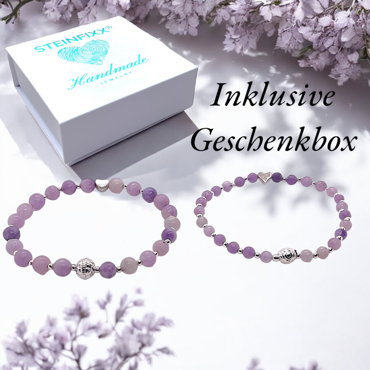 Steinfixx® Lepidolith  Edelstein Perlen Armband  - mit 925 versilberten Perlen und versilbertem Herzchen in Steinfixx Geschenkbox - Handmade