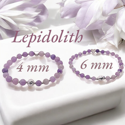 Steinfixx® Lepidolith  Edelstein Perlen Armband  - mit 925 versilberten Perlen und versilbertem Herzchen in Steinfixx Geschenkbox - Handmade