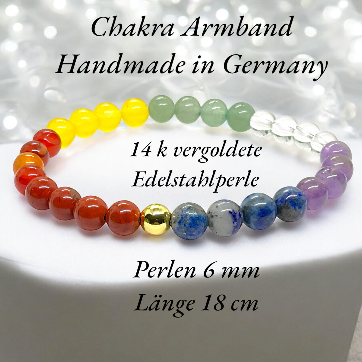 Perlenarmband Chakra 6 mm mit 14k vergoldeter Edelstahlperle - Handmade - inclusive edler Geschenkbox - 7 Chakren aus echten Mineralien