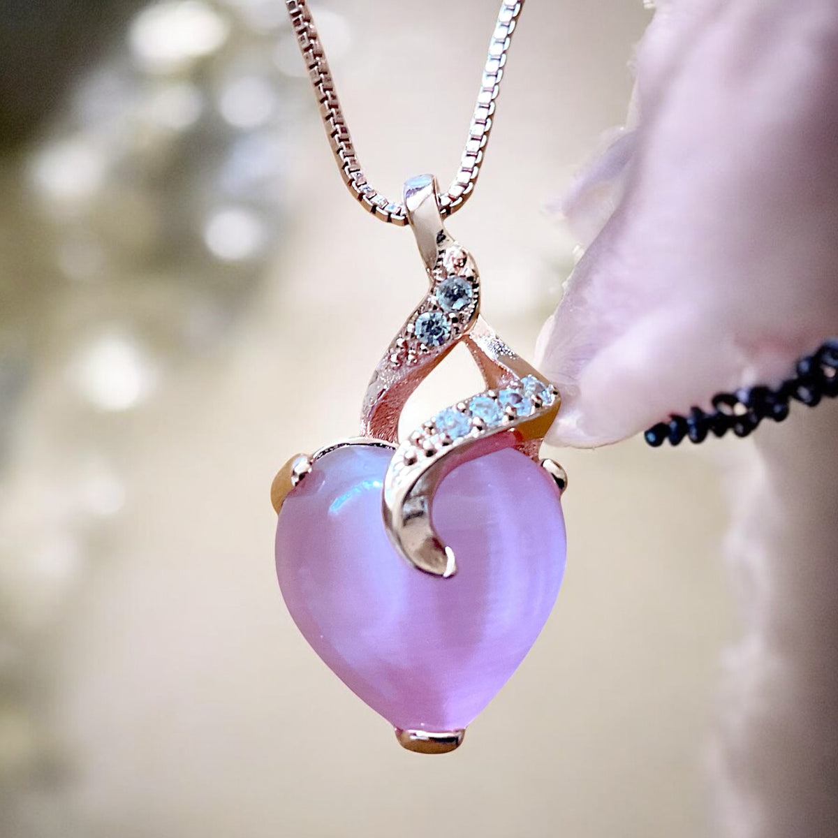Herz Halskette rosa Katzenauge - echtes 925 Silber rosegold plattiert - Ich passe auf Dich auf oder Du bist mein Geschenk- inclusive Geschenkbox
