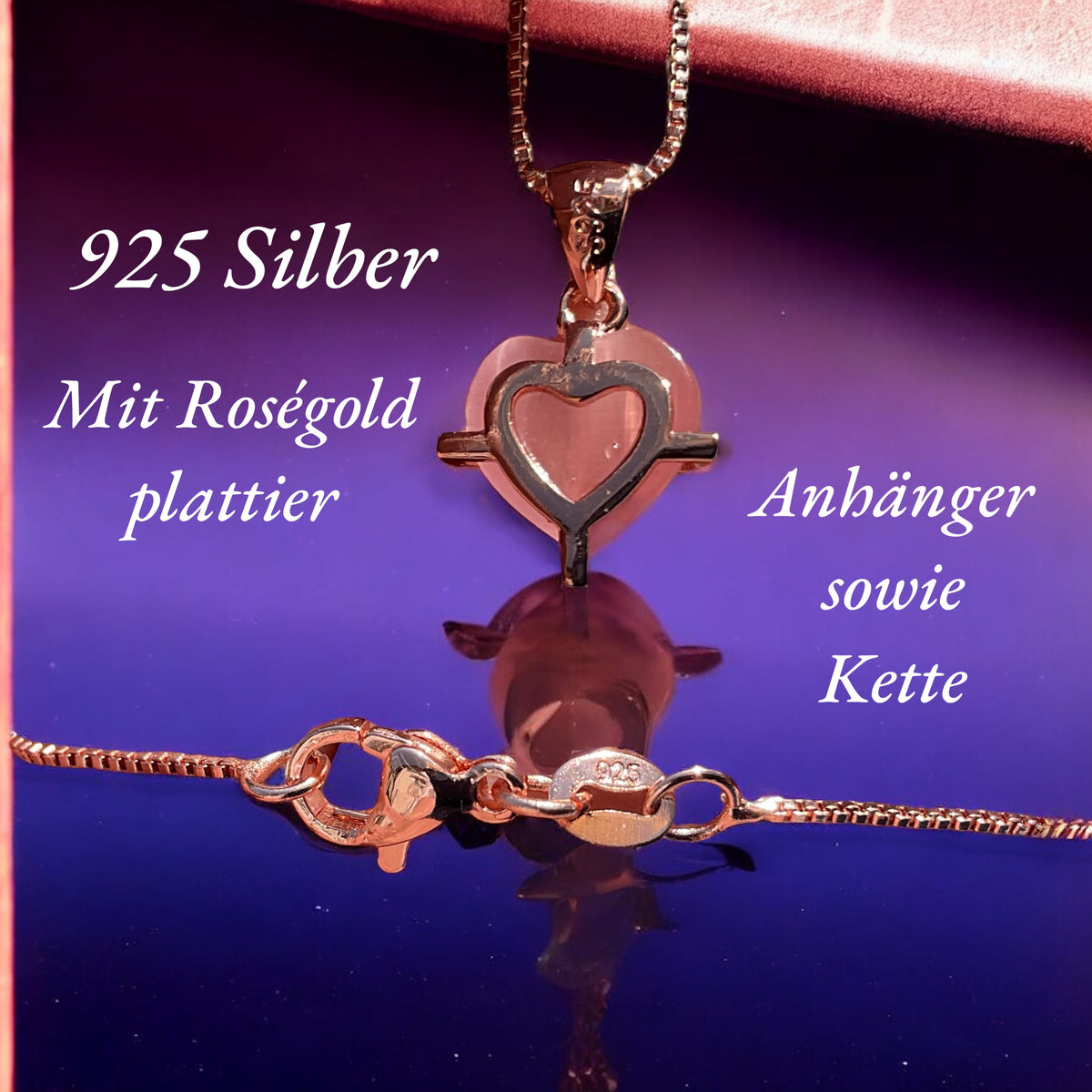 Herz Halskette rosa Katzenauge - echtes 925 Silber rosegold plattiert - Ich passe auf Dich auf oder Du bist mein Geschenk- inclusive Geschenkbox