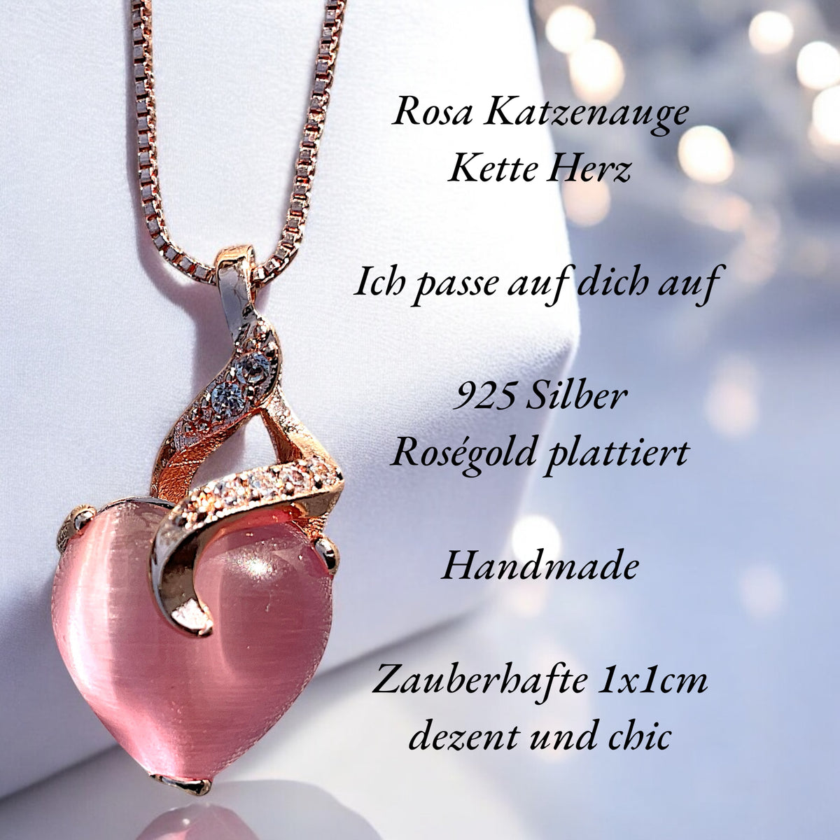 Herz Halskette rosa Katzenauge - echtes 925 Silber rosegold plattiert - Ich passe auf Dich auf oder Du bist mein Geschenk- inclusive Geschenkbox