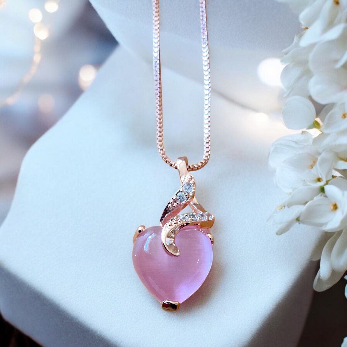 Herz Halskette rosa Katzenauge - echtes 925 Silber rosegold plattiert - Ich passe auf Dich auf oder Du bist mein Geschenk- inclusive Geschenkbox