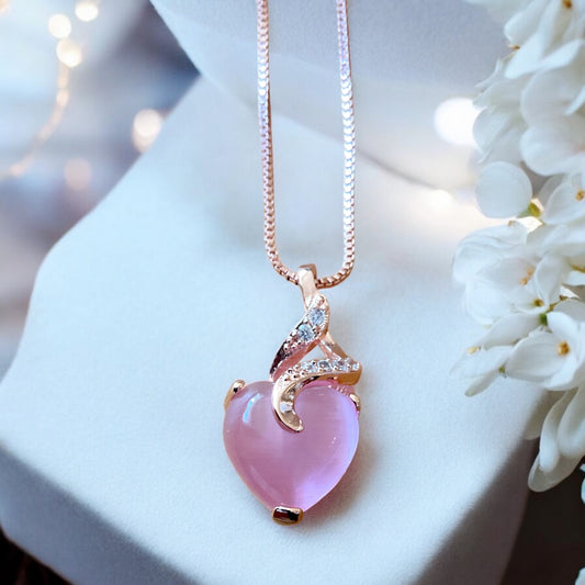 Herz Halskette rosa Katzenauge - echtes 925 Silber rosegold plattiert - Ich passe auf Dich auf oder Du bist mein Geschenk- inclusive Geschenkbox