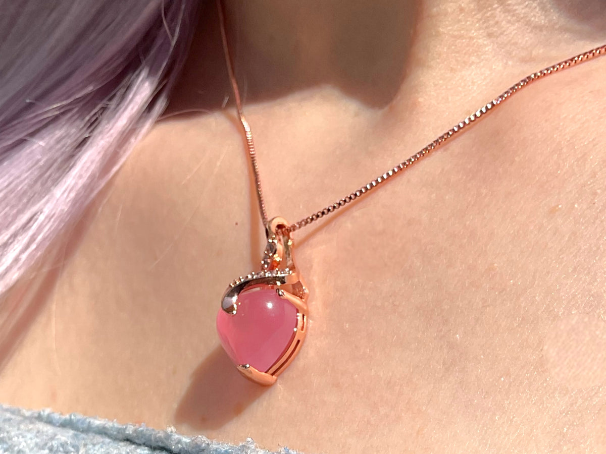 Herz Halskette rosa Katzenauge - echtes 925 Silber rosegold plattiert - Ich passe auf Dich auf oder Du bist mein Geschenk- inclusive Geschenkbox