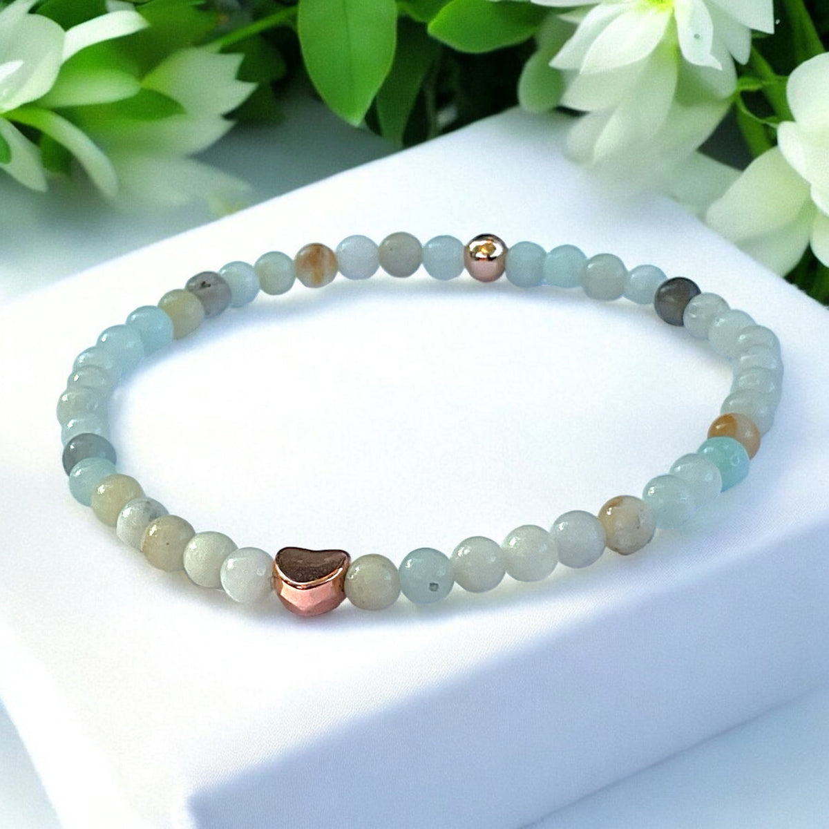 Perlenarmband Amazonit bunt mit  14 k rosèvergoldeten Elementen - Edelsteinarmband - Handmade - inclusive edler Geschenkbox